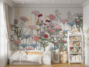 Botanical wall mural with colorful wildflowers in pastel and earthy tones, creating a fresh and inviting atmosphere.