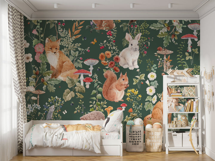 Enchanted forest animals wall mural with foxes, rabbits, hedgehogs, wildflowers, and mushrooms in a vintage botanical style, set against a deep green background.