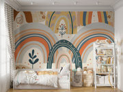 Boho-style kids wall mural with hand-drawn earthy rainbows, abstract florals, and neutral tones in a modern children's bedroom.