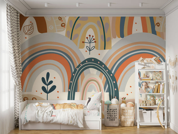 Boho-style kids wall mural with hand-drawn earthy rainbows, abstract florals, and neutral tones in a modern children's bedroom.