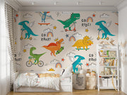 Vibrant dinosaur-themed wall mural with playful dinosaurs riding scooters, skateboards and bikes; decorating a bright and cheerful kid's bedroom.