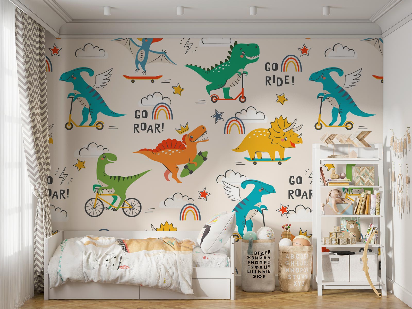 Vibrant dinosaur-themed wall mural with playful dinosaurs riding scooters, skateboards and bikes; decorating a bright and cheerful kid's bedroom.