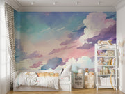 Watercolor cloud wall mural in soft pastel hues of pink, blue, and lavender, creating a dreamy sky effect for kids' rooms and nurseries.