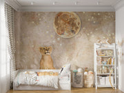 Safari lion cub wall mural featuring a realistic lion cub gazing at a glowing moon, surrounded by stars and warm beige tones, perfect for a cozy nursery.