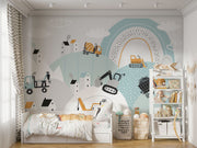Construction site wall mural with trucks, diggers, and cranes in a pastel blue and orange theme, ideal for kids’ room decor.
