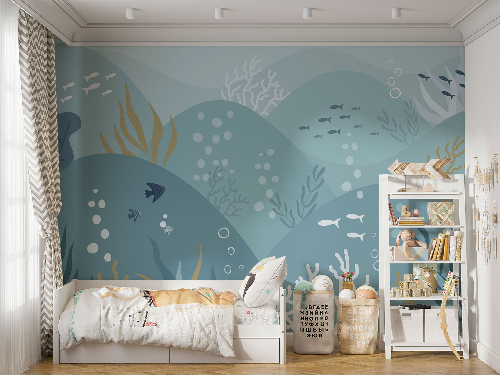 Underwater-themed ocean wall mural featuring fish, seaweed, bubbles, and rolling waves in soft blues and greens. Ideal for kids’ rooms and ocean-inspired interiors.