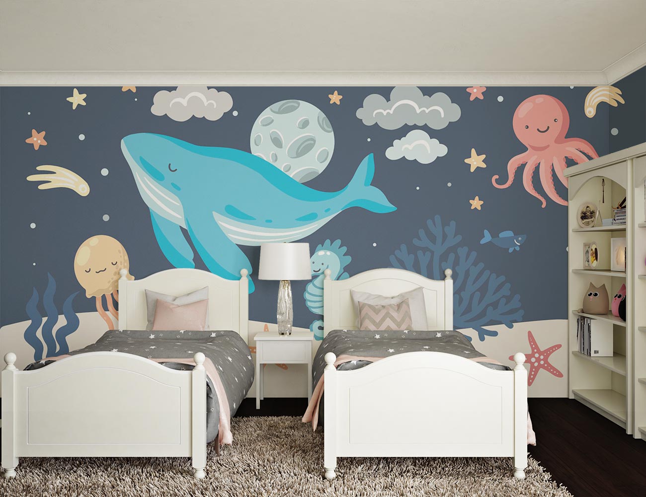 Ocean-themed kid's wall mural with a blue whale, octopus, starfish, and sea creatures in a playful underwater setting, decorating a bedroom with twin beds and neutral furniture.
