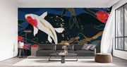 Luxury Japanese Koi Fish Wall Mural – Elegant Gold & Navy Wallpaper with Flowing Koi Fish and Zen-Inspired Design for Sophisticated Interiors.