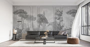 Grand Chateau Wall Mural featuring a grayscale European landscape with architectural details, trees, and a timeless, elegant aesthetic