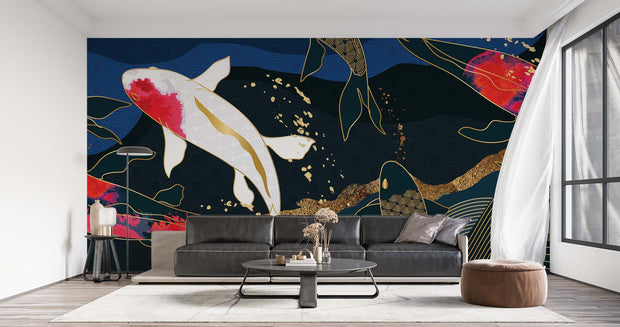 Luxury Japanese Koi Fish Wall Mural – Elegant Gold & Navy Wallpaper with Flowing Koi Fish and Zen-Inspired Design for Sophisticated Interiors.