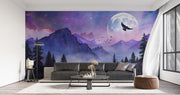 Mystical Moonlit Mountain Wall Mural – Celestial Landscape Wallpaper with a Glowing Full Moon, Birds in Flight, and Twilight Mountain Peaks in Dreamy Purple and Blue Tones.