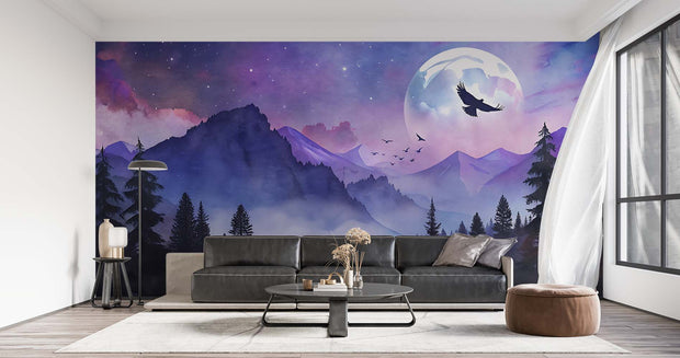 Mystical Moonlit Mountain Wall Mural – Celestial Landscape Wallpaper with a Glowing Full Moon, Birds in Flight, and Twilight Mountain Peaks in Dreamy Purple and Blue Tones.