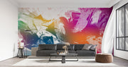 Vibrant pop art graffiti wall mural with halftone textures in orange, pink, blue, and yellow. Ideal for urban-style interiors, modern offices, and loft spaces.