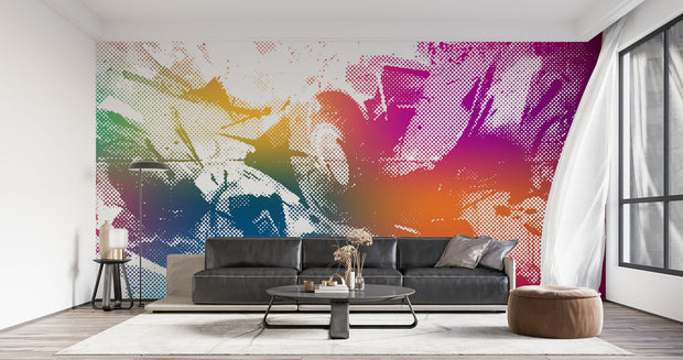 Vibrant pop art graffiti wall mural with halftone textures in orange, pink, blue, and yellow. Ideal for urban-style interiors, modern offices, and loft spaces.