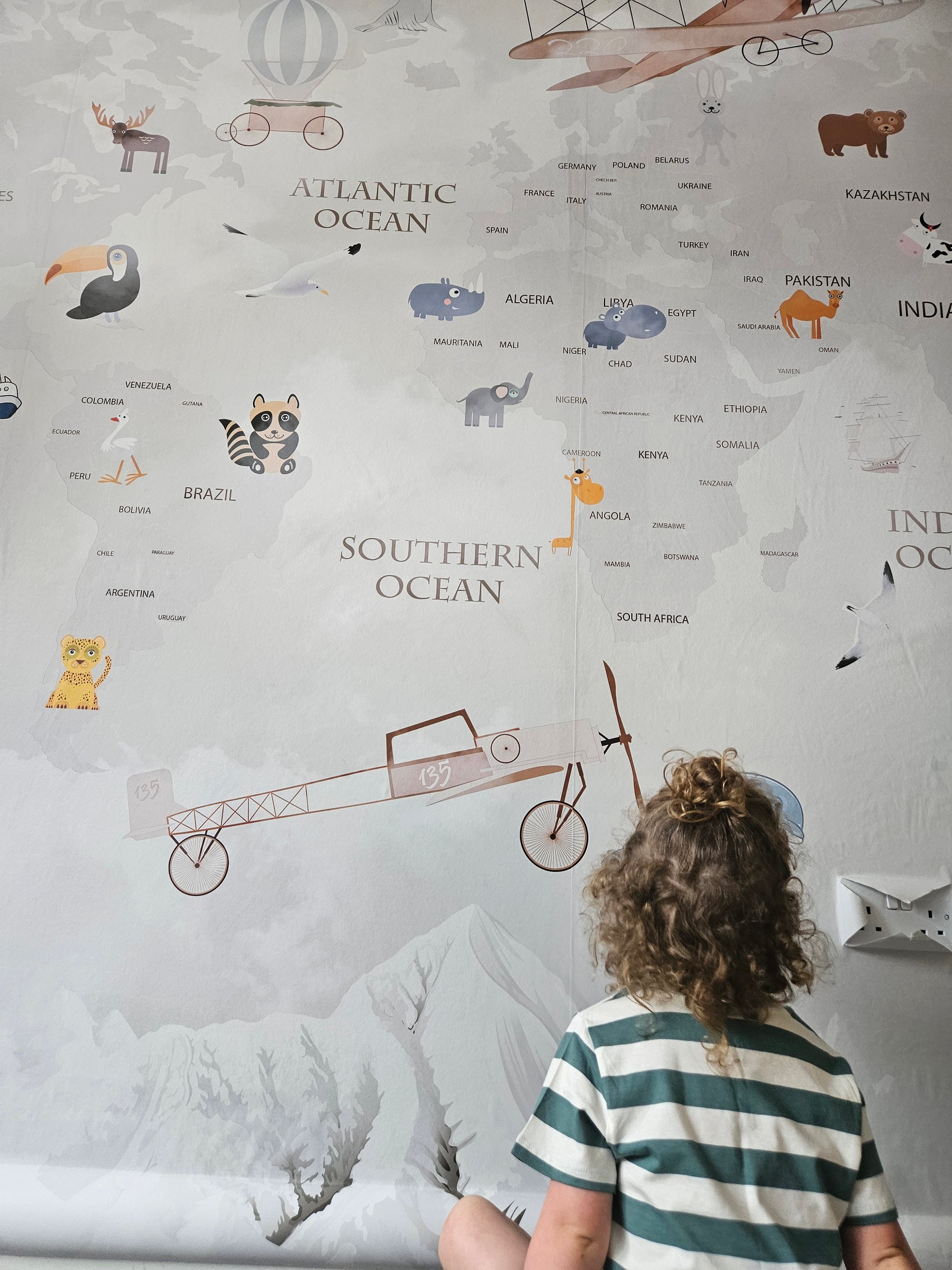 Animals world map wallpaper mural