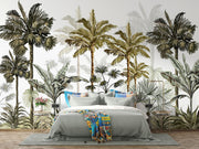 Vintage-style tropical palm tree wall mural with lush green and brown botanical illustrations on a neutral background.