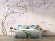 Soft pink and lavender floral wall mural with delicate blossoms on intertwining branches, creating a serene and elegant ambiance.