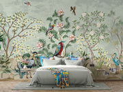 Hand-painted wall mural with exotic birds, lush green foliage, and delicate floral details, creating a tropical-inspired and sophisticated interior décor.