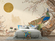 Peacock serenity wall mural with a detailed peacock, cherry blossoms, and golden sun on a beige background in a modern bedroom.