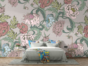 Garden bloom wall mural with pastel pink, green, and blue peonies and leaves, styled in a bedroom.