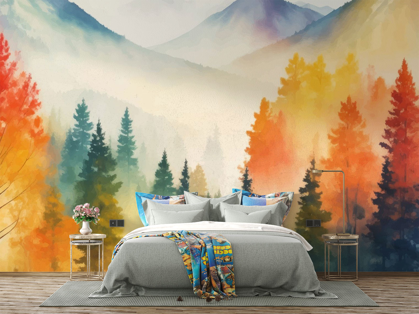 Watercolor mountain landscape wall mural with autumn forest in orange, yellow and teal, styled in modern bedroom