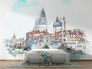 Venetian Daydream watercolor wall mural of Venice with dome architecture and canal, styled in bedroom.