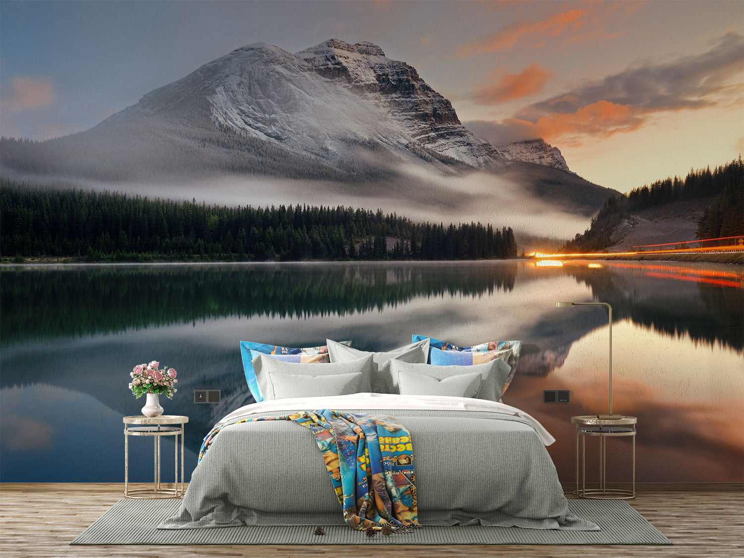 Escape into nature with the Majestic Mountain Lake Wall Mural. Featuring a serene mountain reflection at sunset, perfect for bedrooms and living spaces.