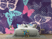 Butterfly wall mural featuring teal, pink, and purple butterfly designs on a textured dark purple background, perfect for adding elegance to bedrooms or creative spaces.