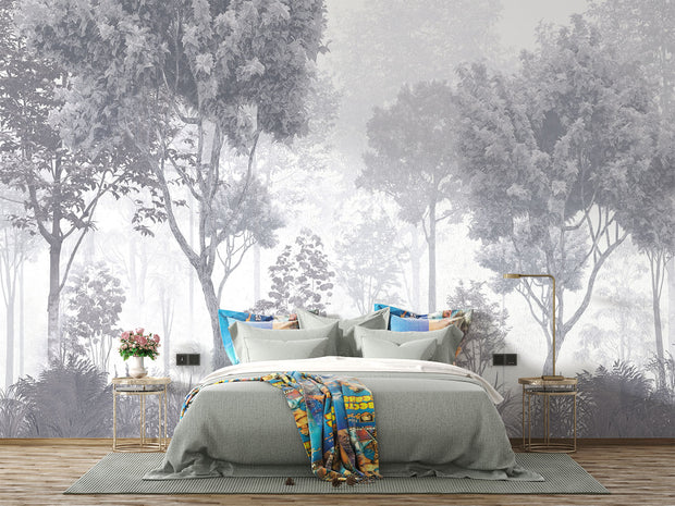 Monochrome forest wall mural with misty trees, grayscale nature wallpaper for elegant interiors.