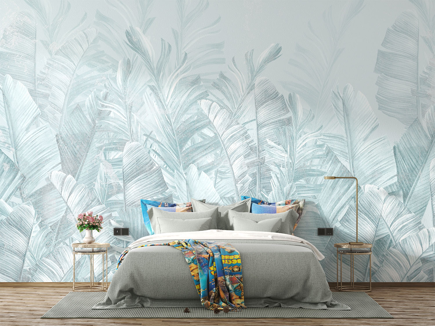 Soft blue palm leaf wall mural featuring oversized banana leaves on a light pastel background, perfect for modern interiors.