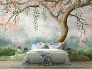 Elegant blooming tree mural with pastel flowers, flowing branches, and a dreamy misty background, perfect for nature-inspired interior decor.