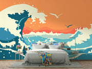 Abstract ocean wave wall mural and wallpaper in vibrant orange and blue tones, styled in a bedroom.