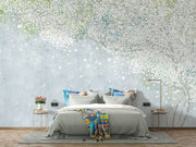 Soft blue and green wall mural with delicate white blossoms, creating a peaceful and elegant ambiance.