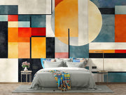 Abstract Architecture Wall Mural with colorful geometric shapes decorating a bedroom.