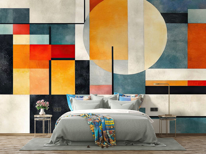Abstract Architecture Wall Mural with colorful geometric shapes decorating a bedroom.