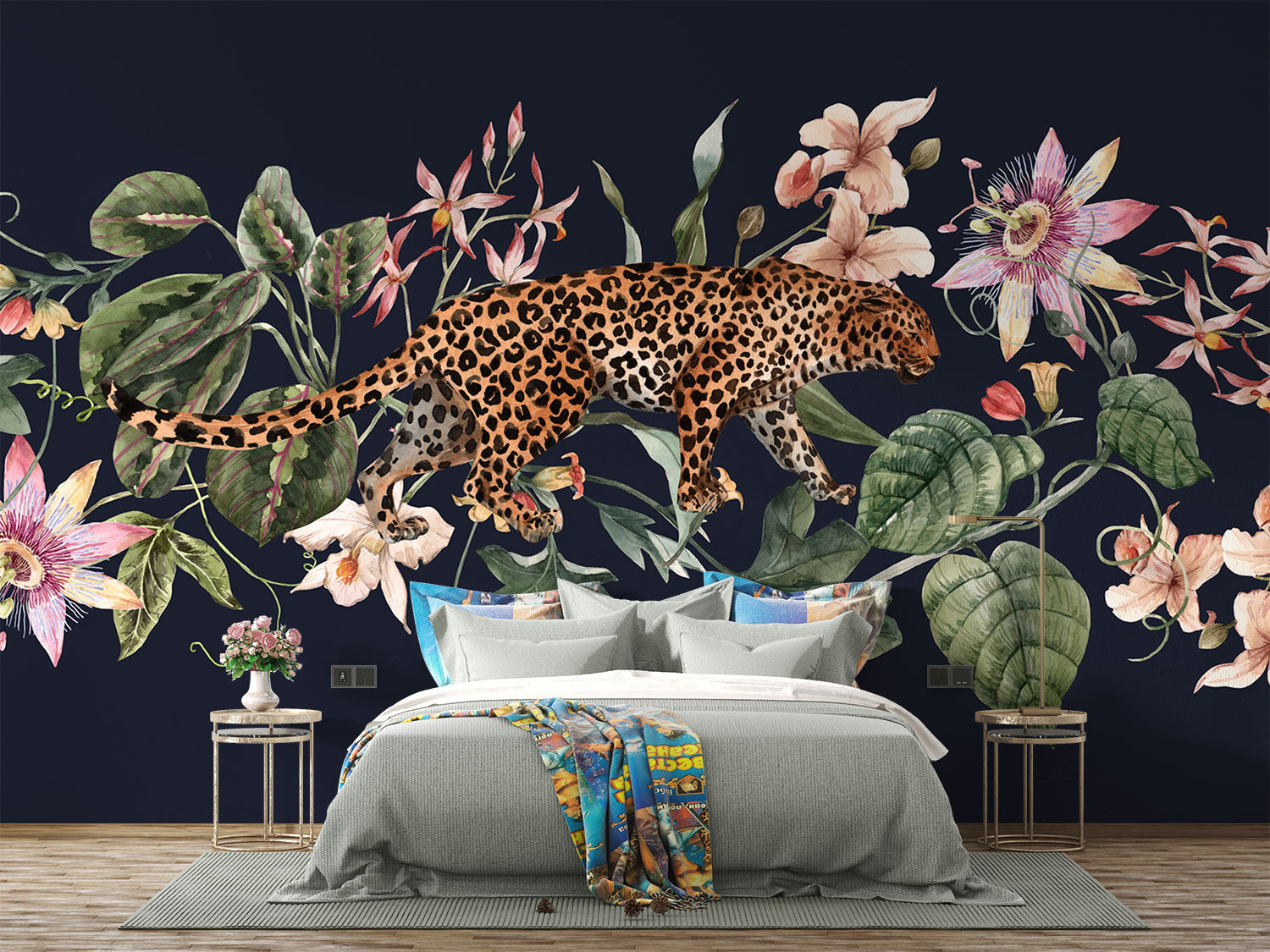 Exotic Leopard Wall Mural featuring a detailed leopard walking through lush tropical flowers and leaves on a dark background.