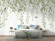 Willow Branches Wall Mural – A serene nature-inspired wallpaper featuring cascading willow branches and birds on a soft background.
