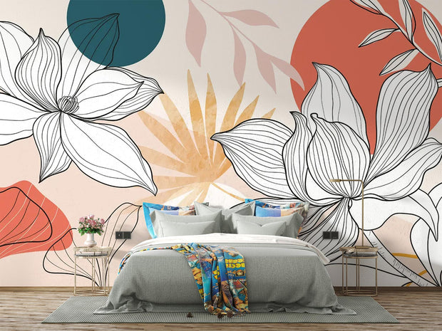 Bedroom with stylish gray bedding and a dramatic floral line art mural as a modern accent wall.


