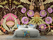Opulent bloom wall mural with intricate lilac, peach, and green flowers on a dark background in a modern bedroom.