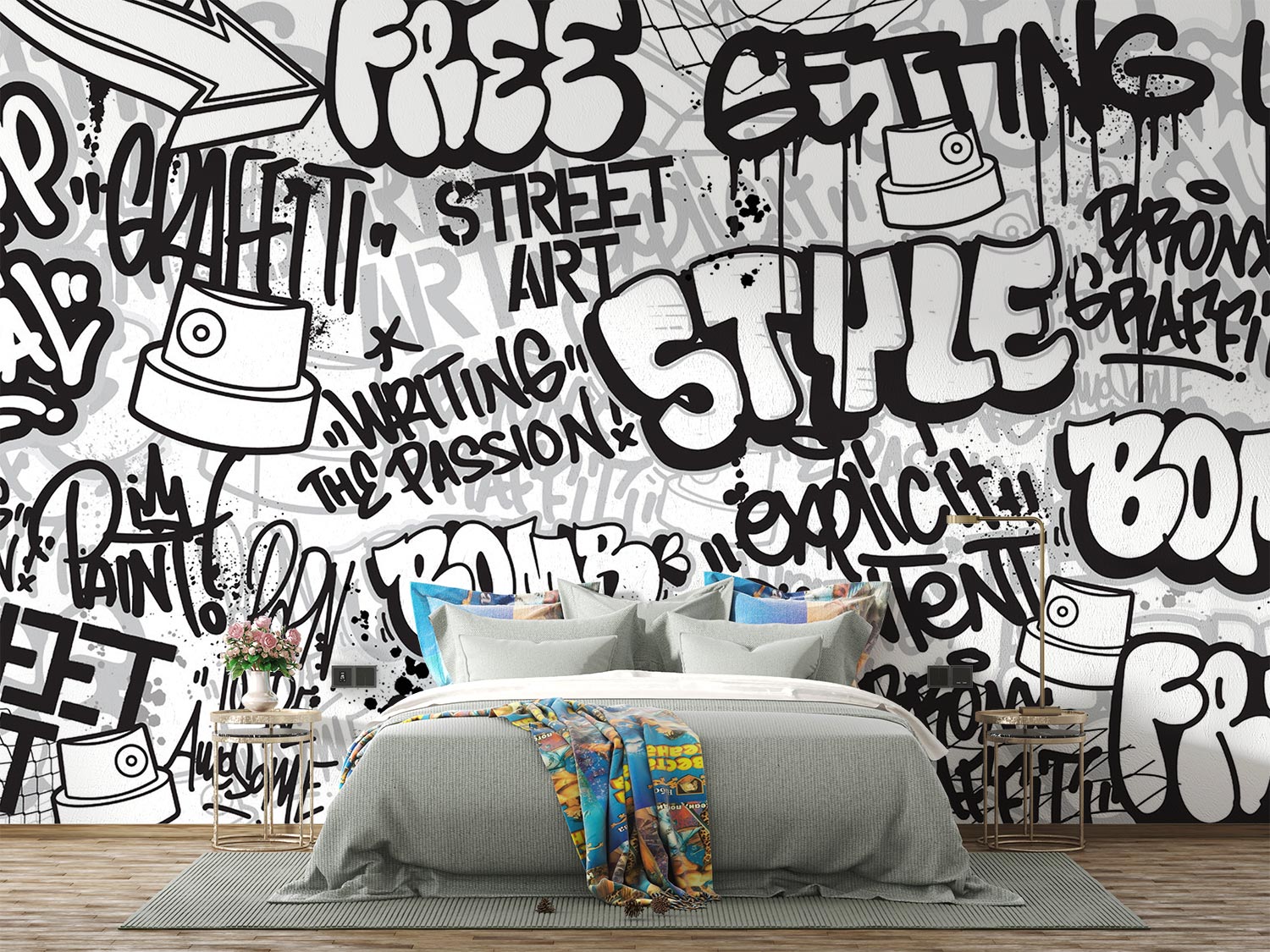 Graffiti wall mural with black-and-white street art typography and spray paint elements, ideal for urban-inspired bedrooms or creative spaces.
