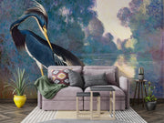 River Grace wall mural featuring a poised heron with rich blue feathers against a dreamy Impressionist river landscape in calming, painterly tones.