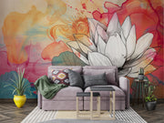 Radiant Lotus wall mural featuring black-and-white lotus illustration on vibrant watercolor background with red, orange, and teal hues.