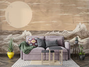 Minimalist ocean waves wall mural in beige and brown tones, featuring stylized waves and a large sun, perfect for modern and coastal-inspired living room decor.