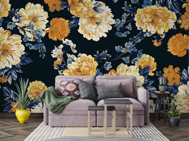 Midnight bloom wall mural featuring large yellow and cream flowers with deep blue foliage on a dark background, creating a dramatic and elegant room atmosphere.