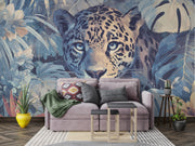 Living room with a leopard mural and decorative furniture