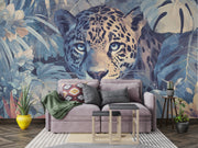 Living room with a leopard mural and decorative furniture