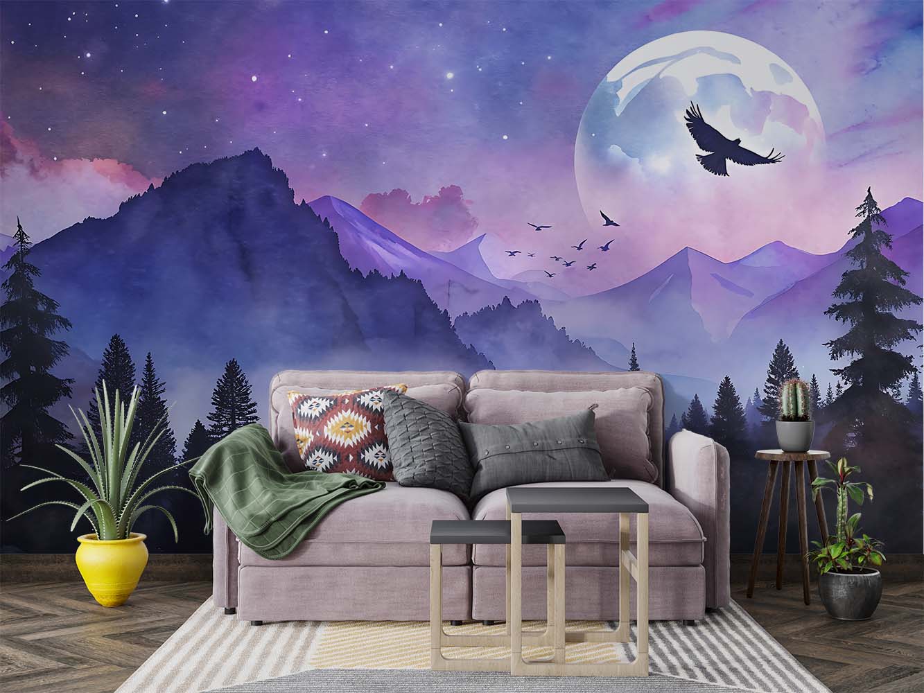Mystical Moonlit Mountain Wall Mural – Celestial Landscape Wallpaper with a Glowing Full Moon, Birds in Flight, and Twilight Mountain Peaks in Dreamy Purple and Blue Tones.
