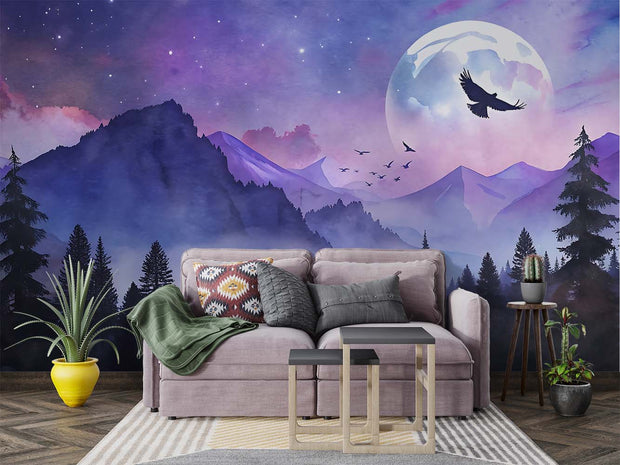 Mystical Moonlit Mountain Wall Mural – Celestial Landscape Wallpaper with a Glowing Full Moon, Birds in Flight, and Twilight Mountain Peaks in Dreamy Purple and Blue Tones.
