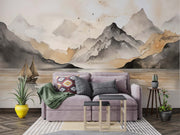 Watercolor Beige Mountain Wall Mural – Hand-Painted Landscape Wallpaper with Misty Peaks, a Sailing Boat, and Soft Earthy Tones for Elegant Interiors.