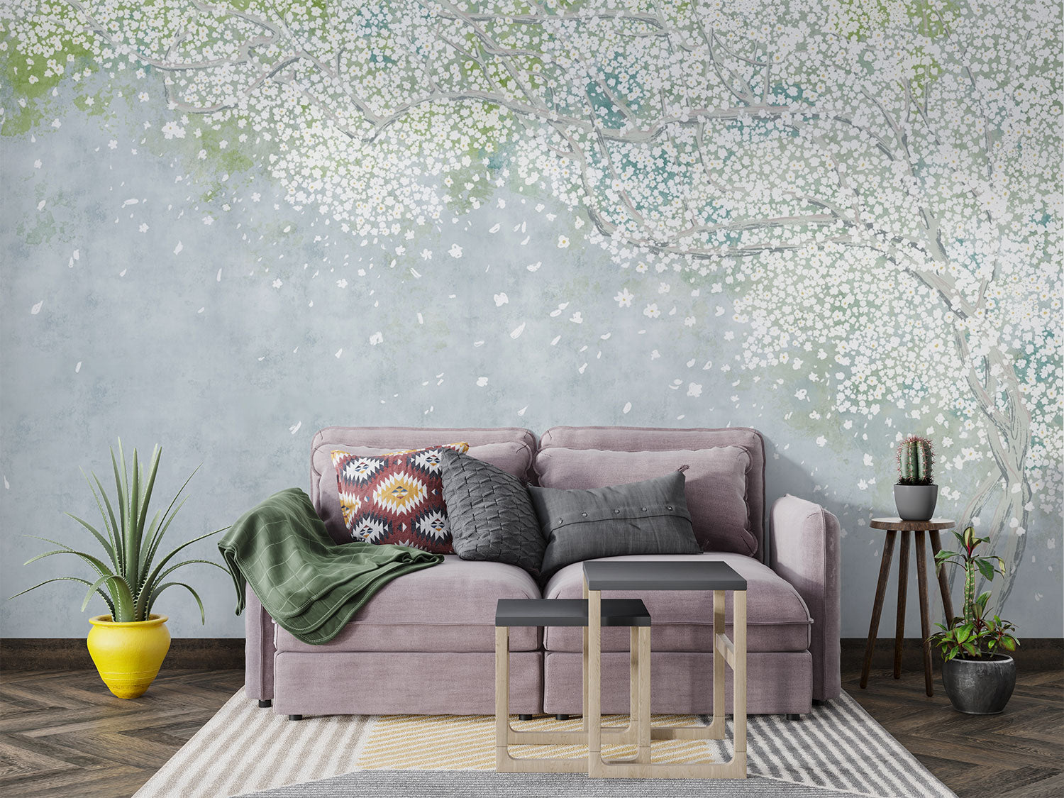 Soft blue and green wall mural with delicate white blossoms, creating a peaceful and elegant ambiance.